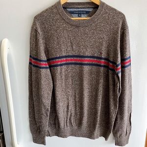 Tommy Hilfiger Mens L Sweater Gray Heather w/ Red & Blue Stripes